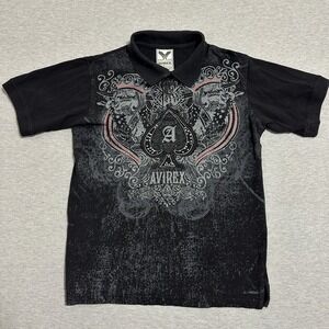 Avirex Spade Skull Graphic Polo Shirt Cotton Short Sleeve Black Mens Size Medium